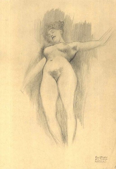 Floating Nude Against Dark Background by Gustav Klimt
